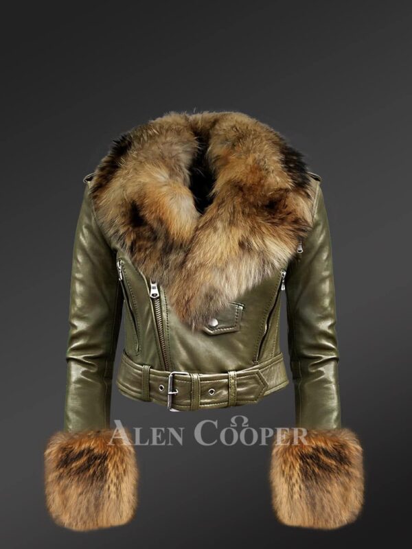 Women’s Authentic Leather Jackets In Olive With Removable Fur Collar And Handcuffs