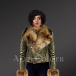 Women’s Authentic Leather Jackets In Olive With Removable Fur Collar And Handcuffs modle