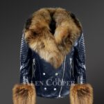 Women’s Navy Leather Jacket With Removable Raccoon Fur Collar And Handcuffs