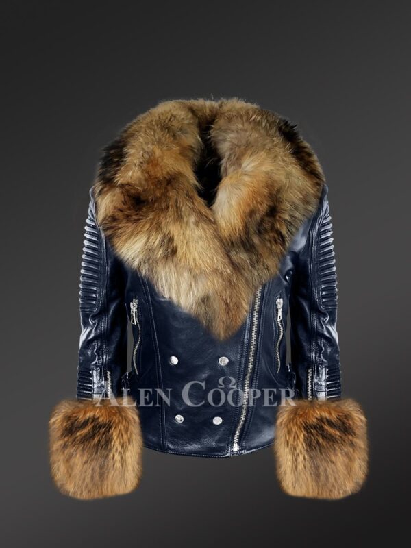 Women’s Navy Leather Jacket With Removable Raccoon Fur Collar And Handcuffs
