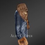 Women’s Navy Leather Jacket With Removable Raccoon Fur Collar And Handcuffs side view
