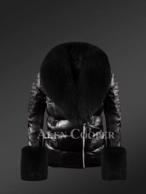 Women’s Stylish And Elegant Black Moto Jacket With Detachable Fox Fur Collar