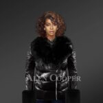 Women’s Stylish And Elegant Black Moto Jacket With Detachable Fox Fur Collar model
