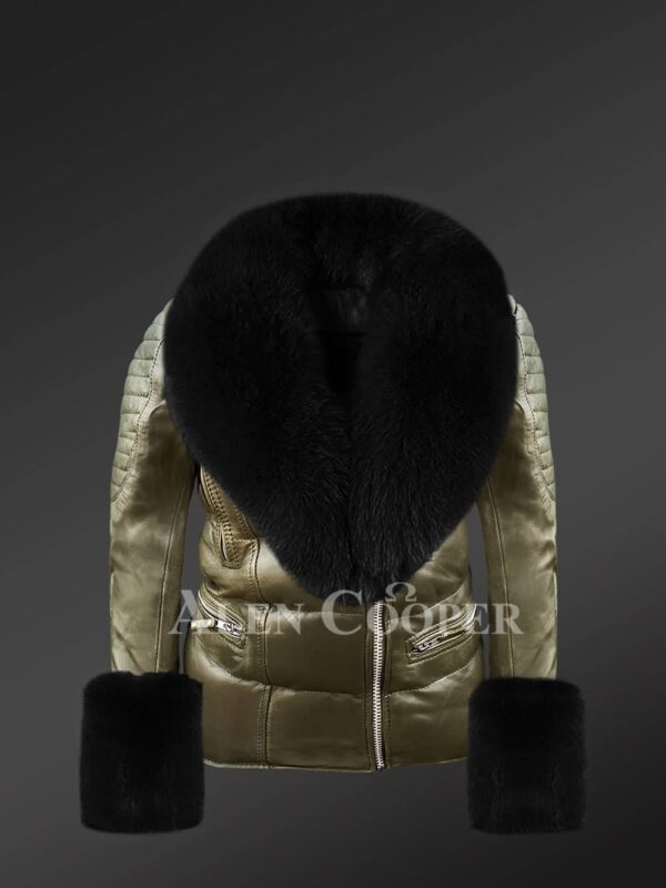 Women’s Stylish And Elegant Olive Moto Jacket With Detachable Fox Fur Collar