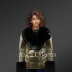 Women’s Stylish And Elegant Olive Moto Jacket With Detachable Fox Fur Collar model
