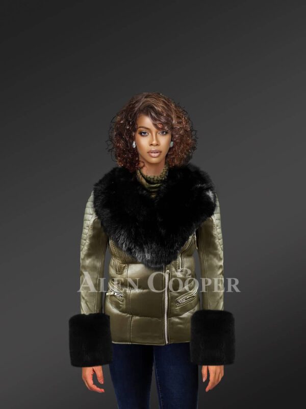 Women’s Stylish And Elegant Olive Moto Jacket With Detachable Fox Fur Collar model