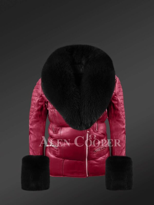Women’s Stylish And Elegant Wine Moto Jacket With Detachable Fox Fur Collar And Hand Cuffs