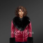 Women’s Stylish And Elegant Wine Moto Jacket With Detachable Fox Fur Collar And Hand Cuffs model