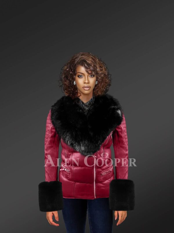 Women’s Stylish And Elegant Wine Moto Jacket With Detachable Fox Fur Collar And Hand Cuffs model