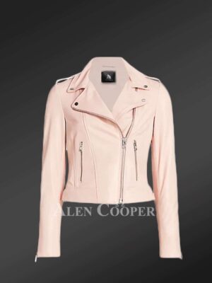Authentic leather biker jacket in pink for tasteful womens