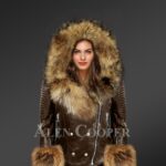 Classic Leather Jacket With Fox Fur Hood Lapels And Cuffs