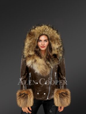 Classic Leather Jacket With Fox Fur Hood Lapels And Cuffs