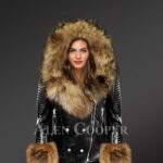 Exotic Black Leather Jacket With Fox Fur Hood Lapels And Cuffs