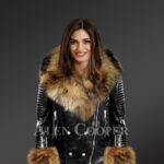 Women’s Black Leather Jacket With Fox Fur Collar Lapels And Cuffs