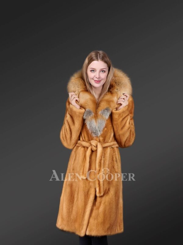 Golden Mink Fur Coat With Fox Fur Trim