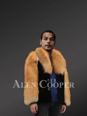 Mens Mink Fur Jacket With Golden Fox Fur Collar And Sleeves