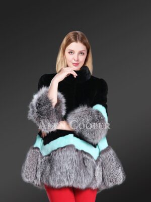 Mink Fur Cape Style Jacket With Silver Fox Fur Trim In Exotic Black