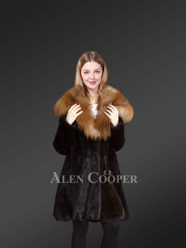 Mink Fur Coat With Red Fox Fur Hood And Lapels For Women