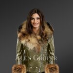 Olive Leather Jacket With Fox Fur Collar And Cuffs