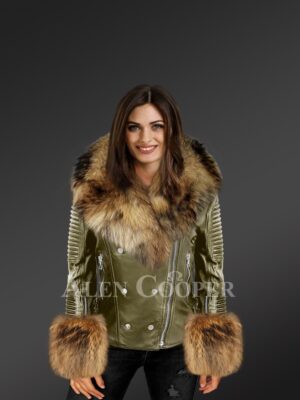Olive Leather Jacket With Fox Fur Collar And Cuffs