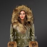 Olive Leather Jacket With Fox Fur Hood And Cuffs