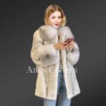 Silver-Cross Mink Fur Coat with Shadow-Blue-Frost Fox Fur Trim