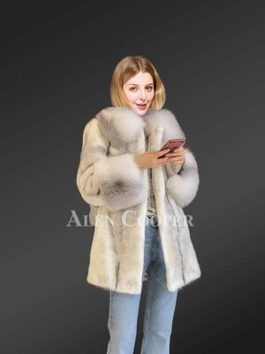 Silver-Cross Mink Fur Coat with Shadow-Blue-Frost Fox Fur Trim