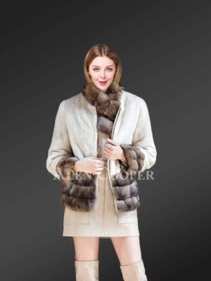 White Mink Fur Jacket With Sable Fur Trim for women