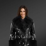 Women’s Leather Biker Jacket With Fox Fur Collar Lapels And Cuffs