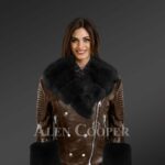 Womens Leather Jacket With Fox Fur Collar, Lapels And Cuffs