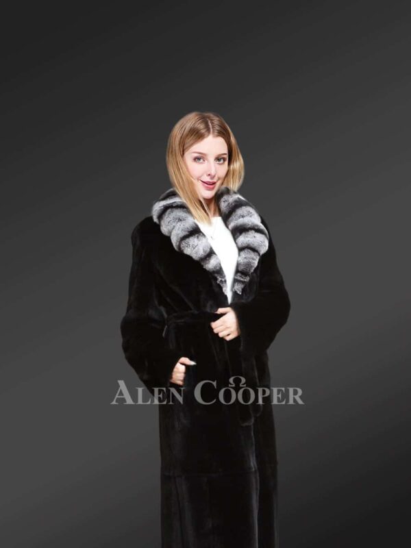 Womens Mink Fur Long Coat With Chinchilla Fur Trim