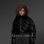 Exotic Black Leather Bomber Jacket With Detachable Mink Fur Collar For Women