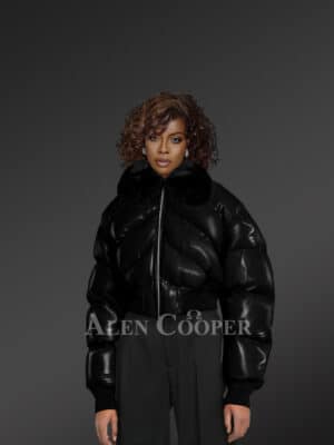 Exotic Black Leather Bomber Jacket With Detachable Mink Fur Collar For Women
