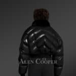 Exotic Black Leather Bomber Jacket With Detachable Mink Fur Collar For Women back side