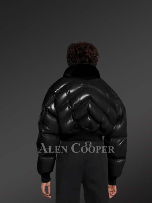 Exotic Black Leather Bomber Jacket With Detachable Mink Fur Collar For Women back side