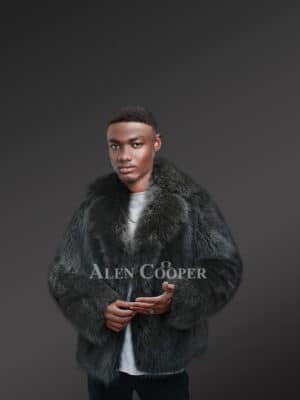 Passionate Men’s Black Raccoon Fur Coat with Wide Notched Lapels