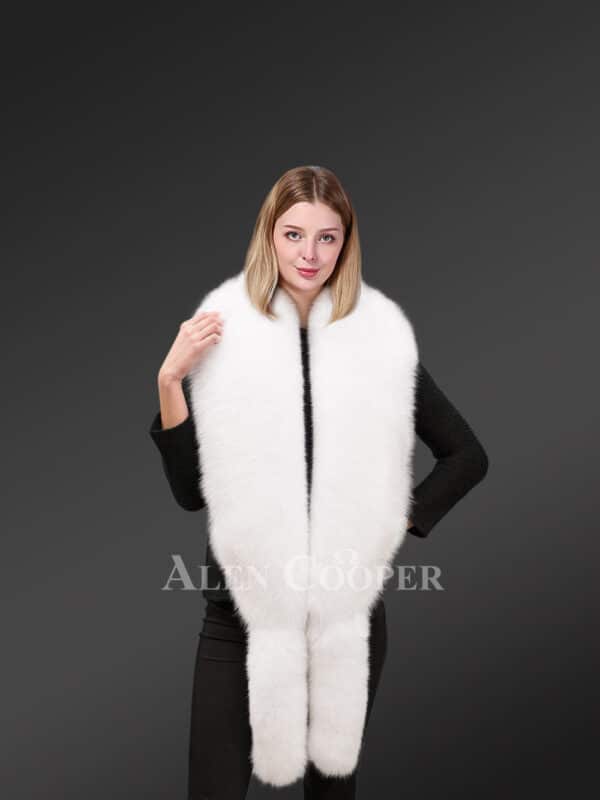 Arctic Fox Fur Long Scarf Collar with Tail