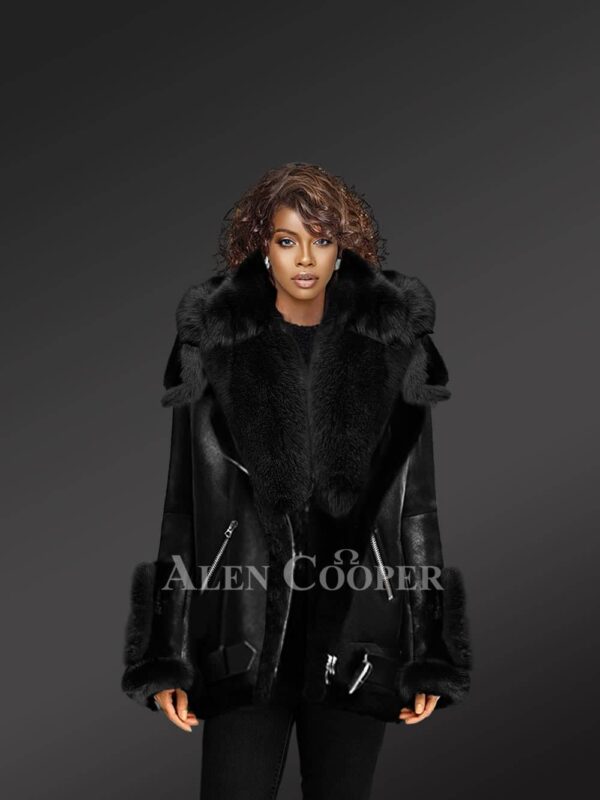 Exclusive Black Shearling Jacket With Fox Fur Hood Lapels And Cuffs For Womens