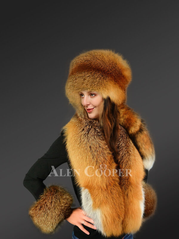 Genuine Red Fox Fur Collar with Russian Hat and Cuff Set