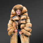 Glacier Golden Fox Fur Coat with Hood for women