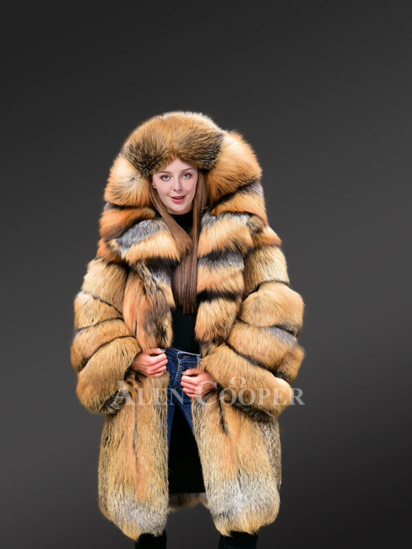 Glacier Golden Fox Fur Coat with Hood for women