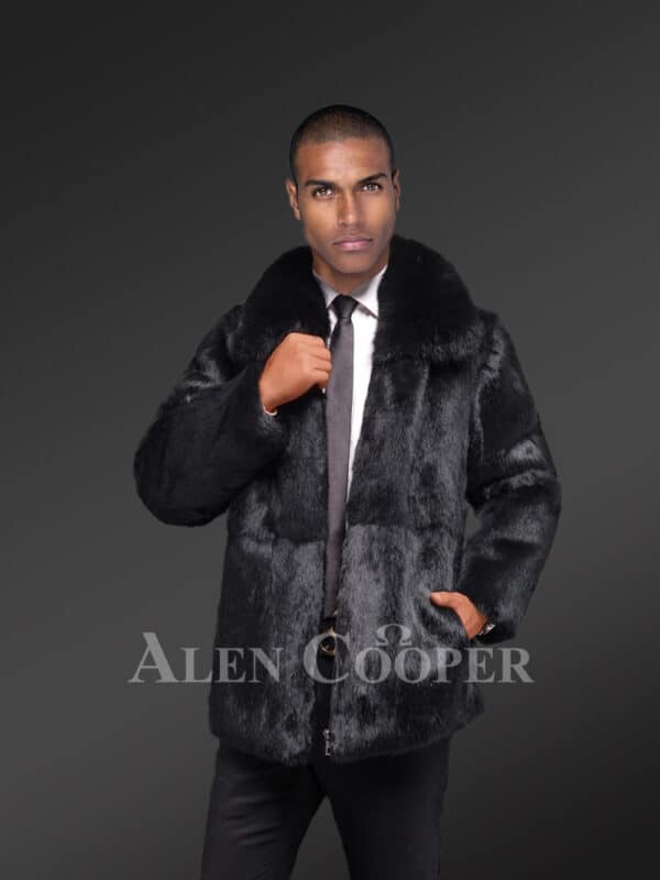 Men’s Rabbit Fur Jacket with Fox Fur Collar in Black