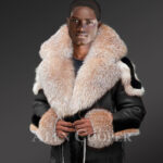 Men’s Shearling Jacket with Crystal Fox Fur Hood Lapels and Cuffs