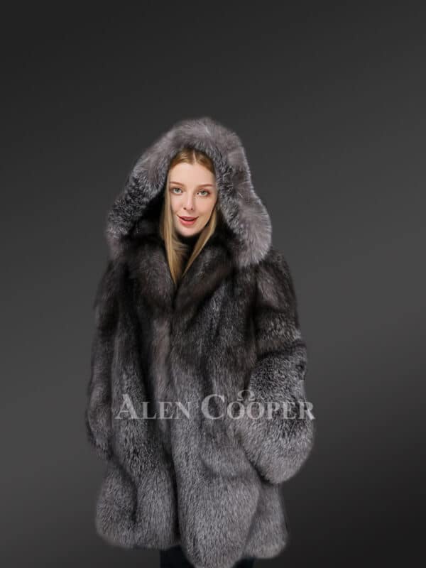 Mid Length Grey Silver Fox Coat For Womens