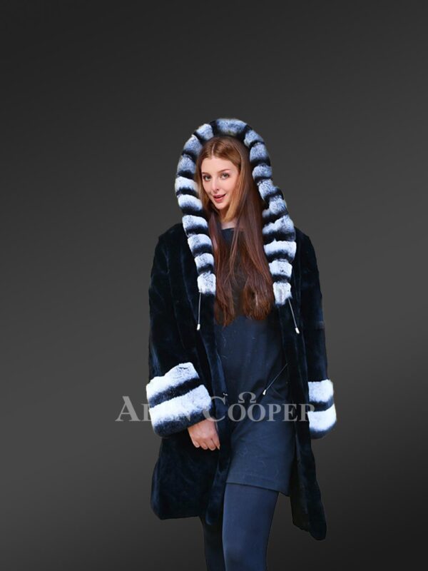 Rex Rabbit Fur Ling Coat With Chinchilla Dyed On Hood & Sleeves