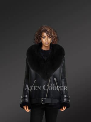 Shearling Jacket With Fox Fur Collar and Lapels for Women