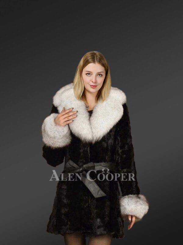Women's Belted Diamond Mink Coat with Foc Fur Collar and Cuff Trims