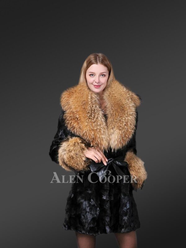 Women's Belted Diamond Mink Coat with Raccoon Fur Collar and Cuff Trims