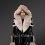 Womens Exclusive Shearling Jacket With Crystal Fox Fur Hood Lapelsand Cuffs