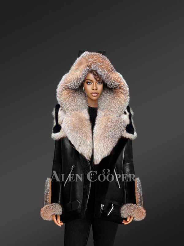 Womens Exclusive Shearling Jacket With Crystal Fox Fur Hood Lapelsand Cuffs